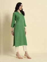 Thread Plus Cotton Flax Straight Kurti In Light Green Color For Women